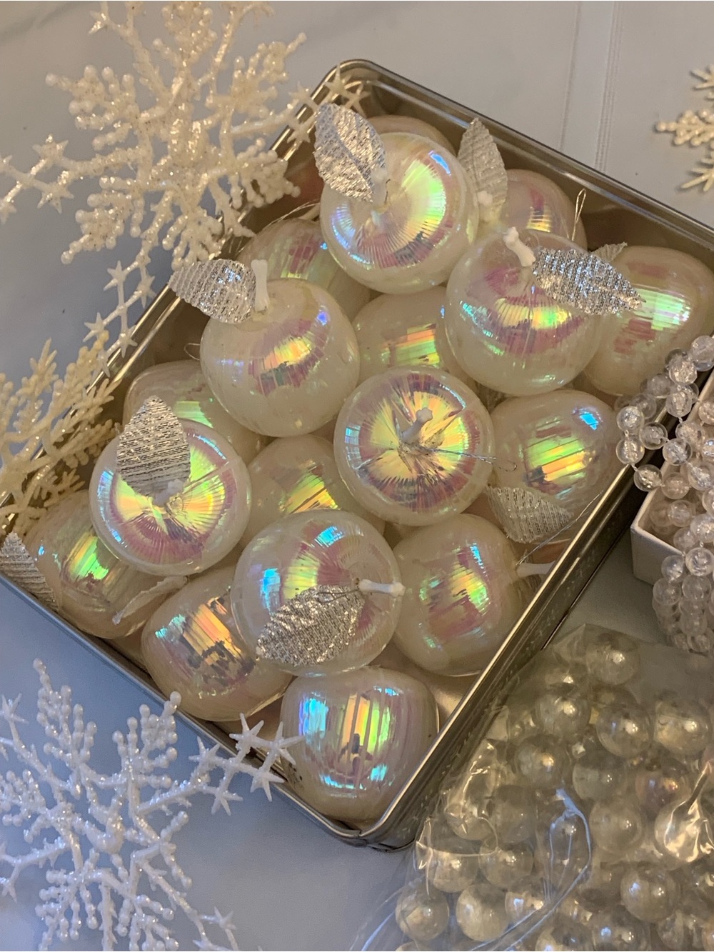 Iridescent Pearl White Holiday Ornament Set /w Silver Leaves & Strings of Beads